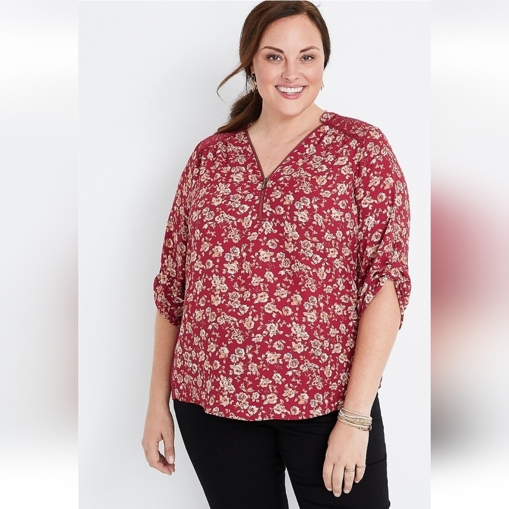 Maurcies Red Floral Quarter Zip Blouse, Size XL